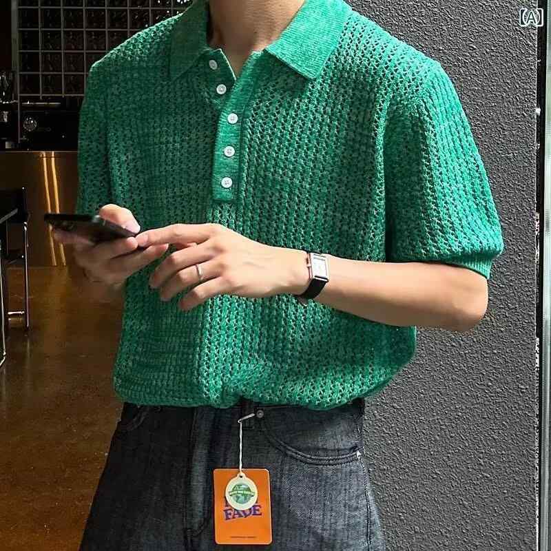 ポロシャツ メンズ 半袖 高見え 韓国 スリム 襟付き 無地 薄手 ニット トップス 男性用 普段使い 部屋着 ポリエステル 伸縮性 通気性 グリーン