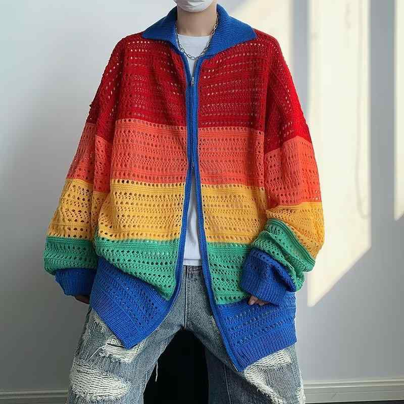 ニット メンズ 秋物 カラフル 虹色 襟付き カーディガン 薄手 トップス ラグラン袖