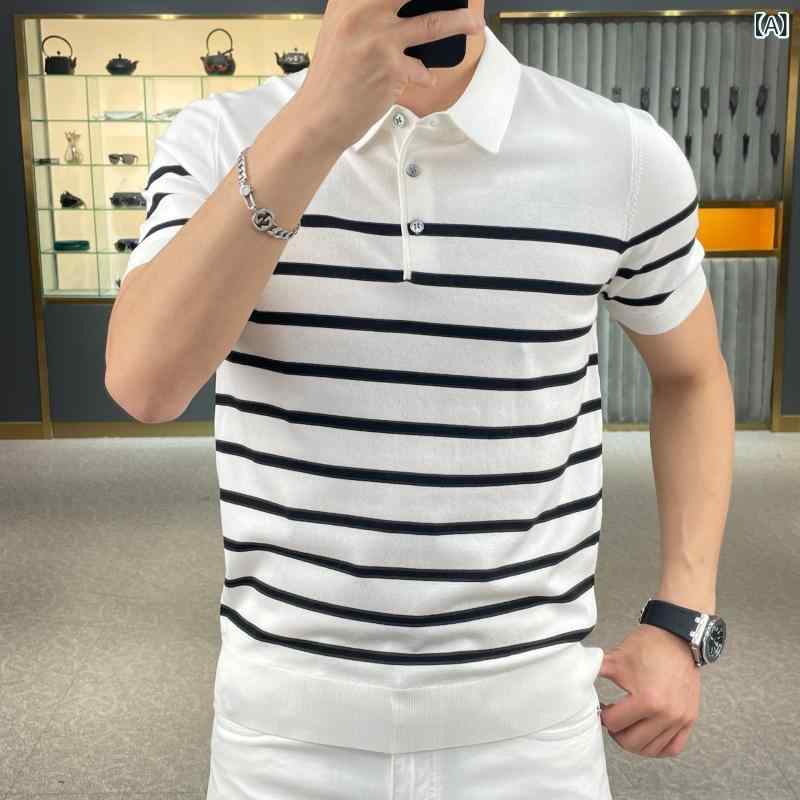 ポロシャツ メンズ 接触冷感 半袖 ストライプ柄 スリム 薄手 接触冷感 トップス ビジネス カジュアル 男性用 M L XL 2XL 3XL 春夏