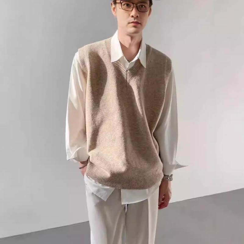 ニット メンズ Vネック セーター ベスト 男性用 春秋 韓国 ゆったり 無袖 トップス グレー カーキ