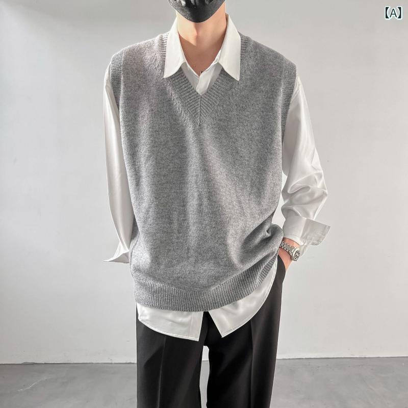 ニット メンズ Vネック セーター ベスト 男性用 春秋 韓国 ゆったり 無袖 トップス グレー カーキ