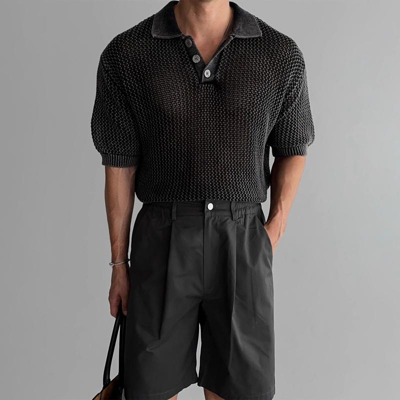 Rakuten - ポロシャツ メンズ 男性用 ハニカムニット ウォッシュ加工 半袖Tシャツ トップス グレー 黒 ゆったり リラックス カジュアル