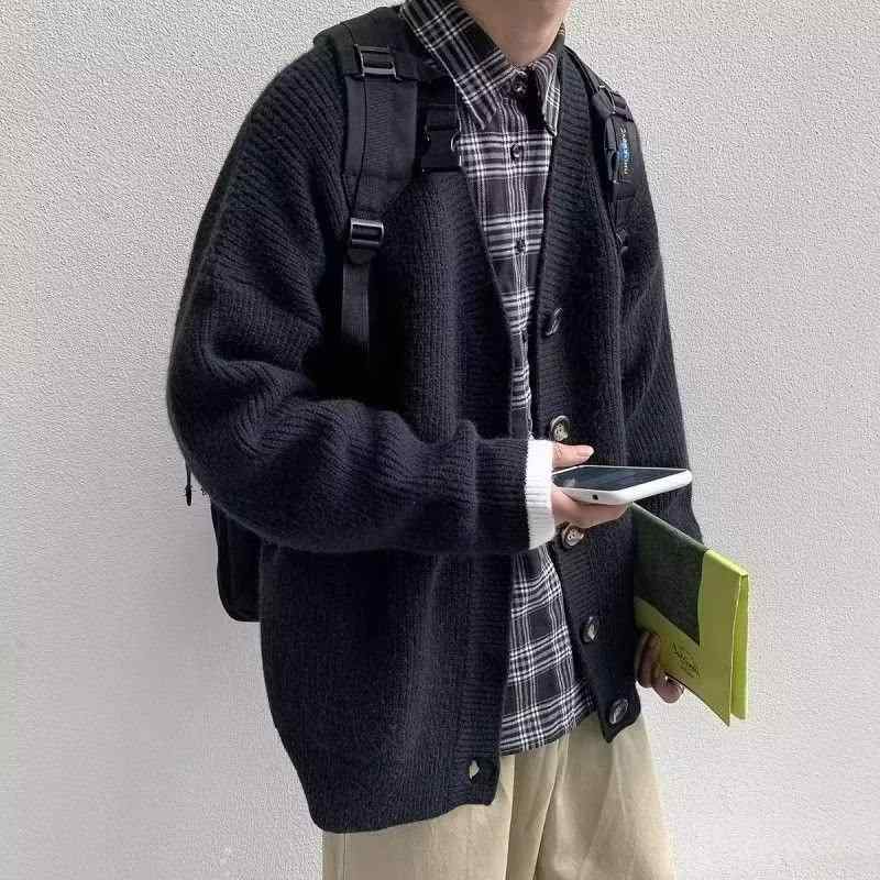 ニットカーディガン メンズ Vネック リブ編み 長袖 無地 春 カジュアル ゆったり ブラック グレー ネイビー