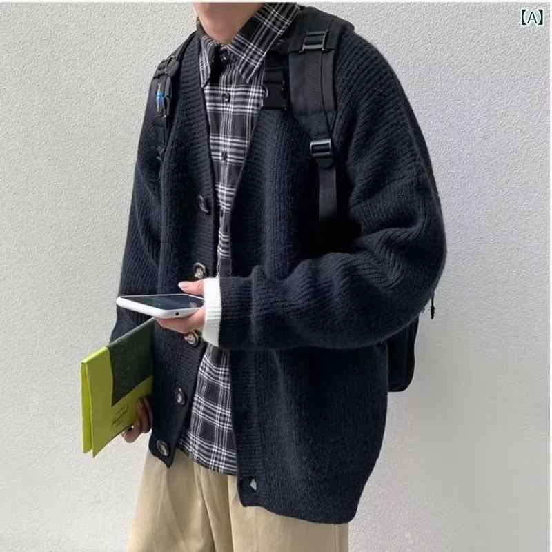 ニットカーディガン メンズ Vネック リブ編み 長袖 無地 春 カジュアル ゆったり ブラック グレー ネイビー