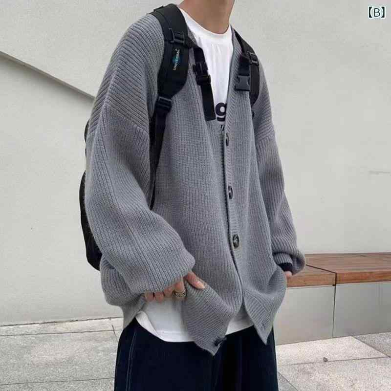 ニットカーディガン メンズ Vネック リブ編み 長袖 無地 春 カジュアル ゆったり ブラック グレー ネイビー