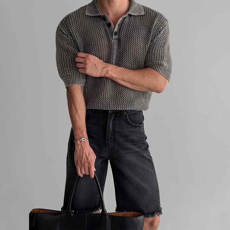 ポロシャツ メンズ 半袖 ウォッシュ加工 接触冷感 無地 夏 トップス レトロ 刺繡 スリムフィット カジュアル 薄手 ブラック グレー