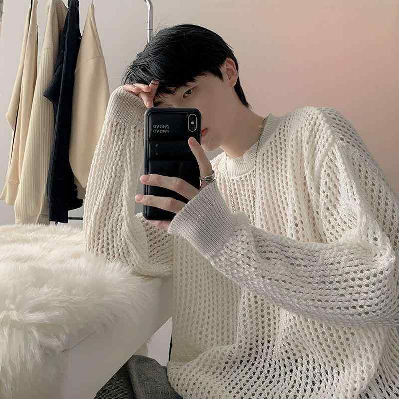 ニット メンズ 春秋 白 クルーネック カットアウト レトロ ダメージ加工 ルーズフィット 韓国 セーター トップス ポリエステル 通気性 デイリー