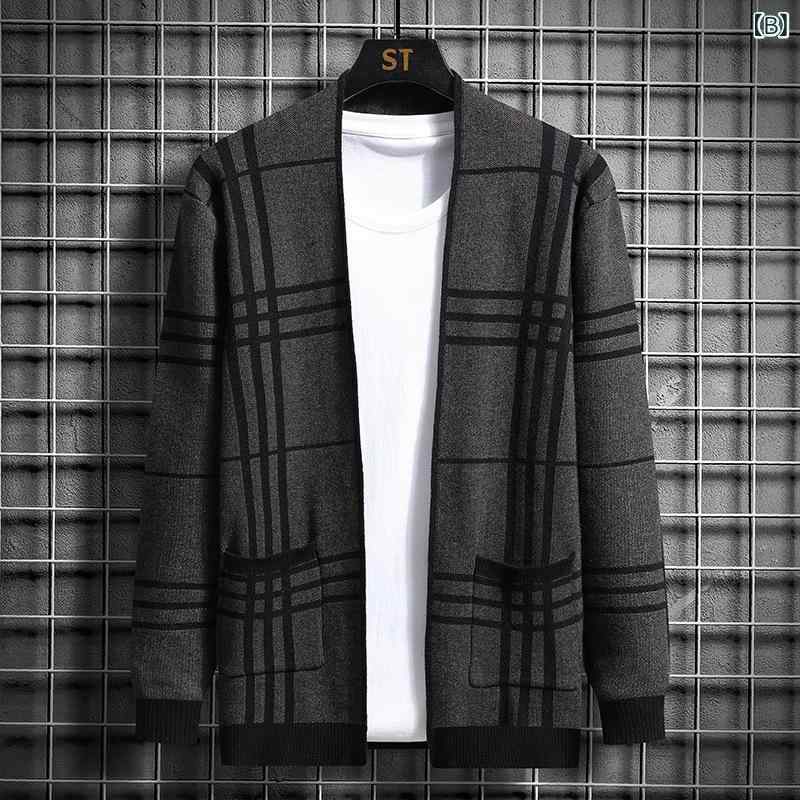 ニット カーディガン メンズ Vネック 長袖 スリム 格子柄 春秋 カジュアル 普段使い トップス 紳士 男性用 グレー系(x2)