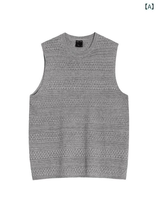 Tシャツ メンズ ニットベスト 夏ニット 無袖 接触冷感 部屋着 レイヤードスタイル 重ね着風 ルーズフィット ラウンドネック ブラック グレー