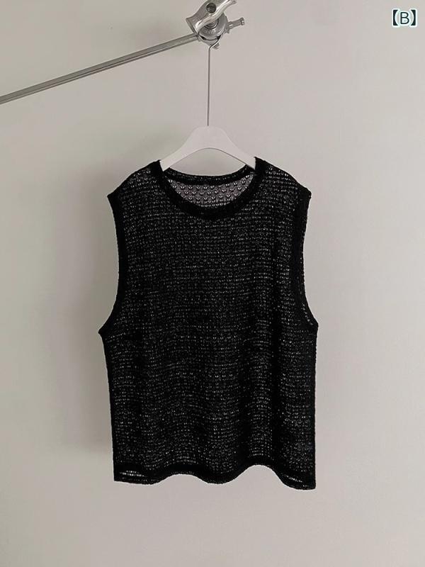 Tシャツ メンズ ニットベスト 夏ニット 無袖 接触冷感 部屋着 レイヤードスタイル 重ね着風 ルーズフィット ラウンドネック ブラック グレー