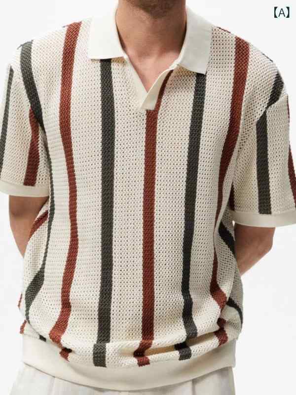 ポロシャツ メンズ ストライプ柄 半袖 カットソー 配色 スキッパー 襟付き 接触冷感 吸湿速乾 スポーツ アウトドア カーキ