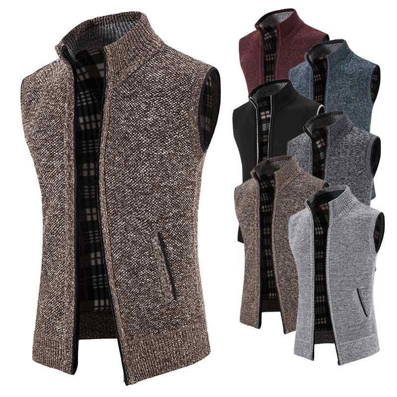 ニット メンズ 男性用 カーディガン 秋冬 加绒 厚手 スタンドカラー ベスト トップス 綿混紡 無地 伸縮性 防寒 あったか 暖か ブラック ワインレッド