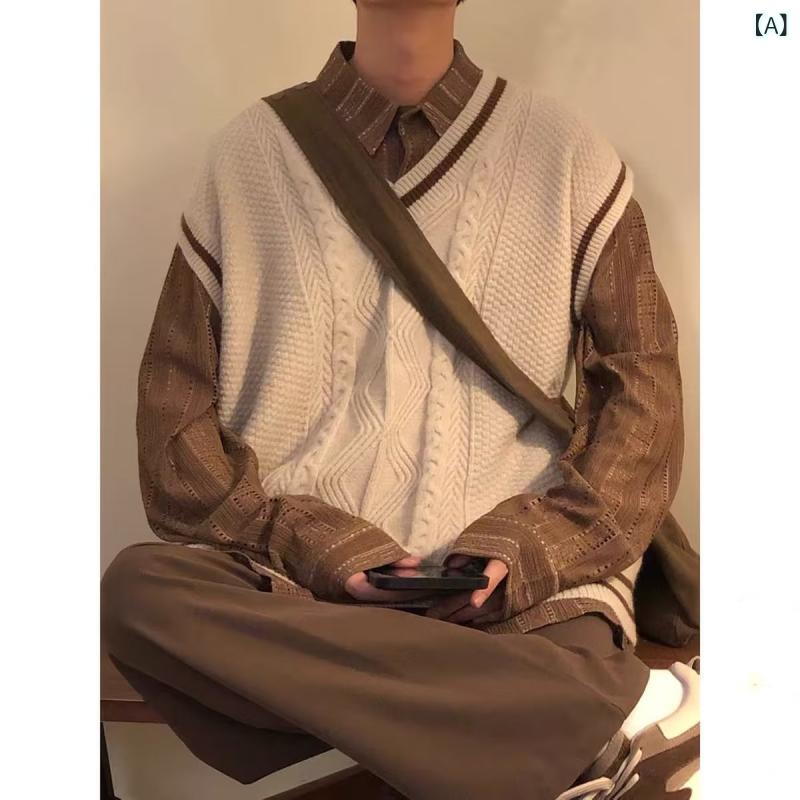 ニット メンズ Vネック セーター ベスト 秋冬 ゆったり レトロ アメカジ カレッジ風 ノースリーブ プルオーバー ポリエステル 杏色