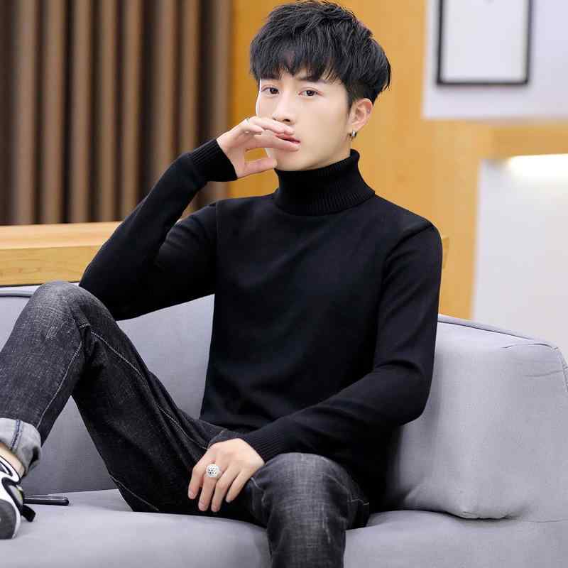ニット メンズ ニットソー タートルネック スリムフィット 無地 リブ 韓国 カジュアル トップス カットソー 長袖 秋 黒 白