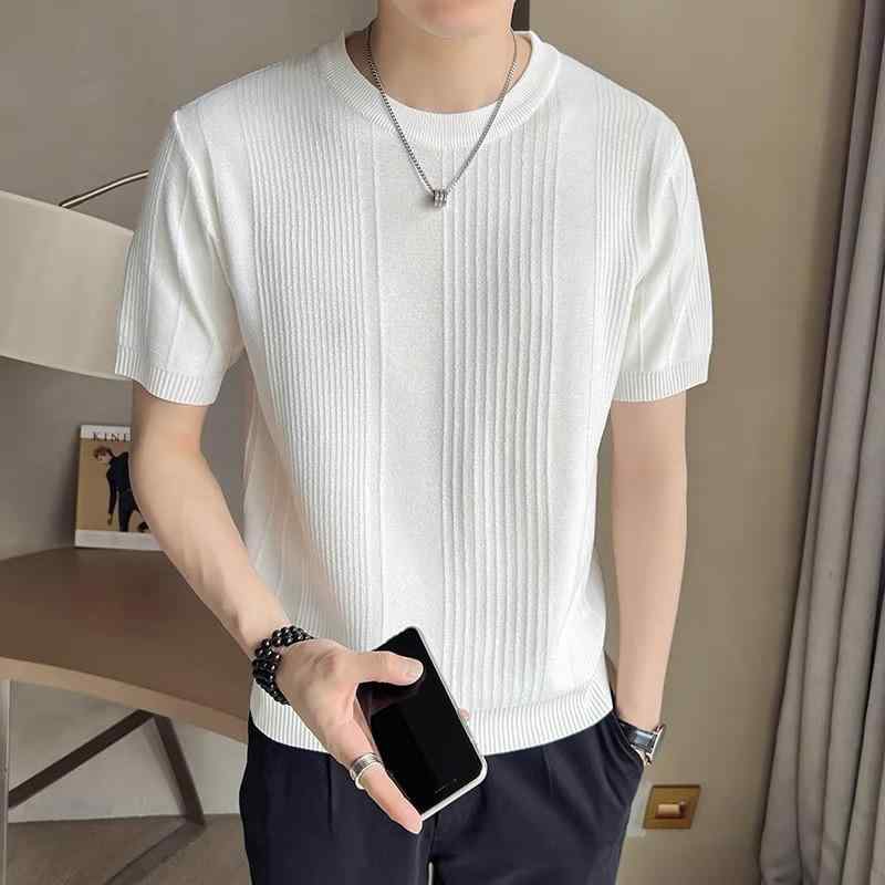 Tシャツ メンズ 接触冷感 スリムフィット ビジネス 半袖 ニット トップス ポリエステル 無地 春秋 薄手 白 黒 杏色 緑