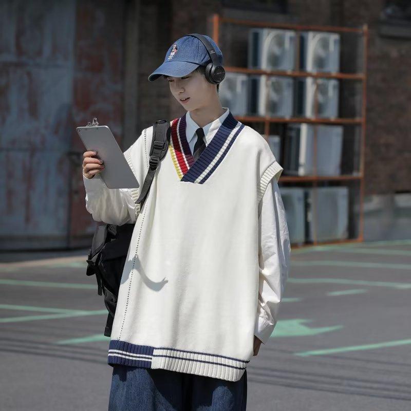 ニットベスト メンズ Vネック 配色 切り替え 学院風 ゆったりサイズ カジュアル 韓国 春秋 ホワイト系 ブルー系