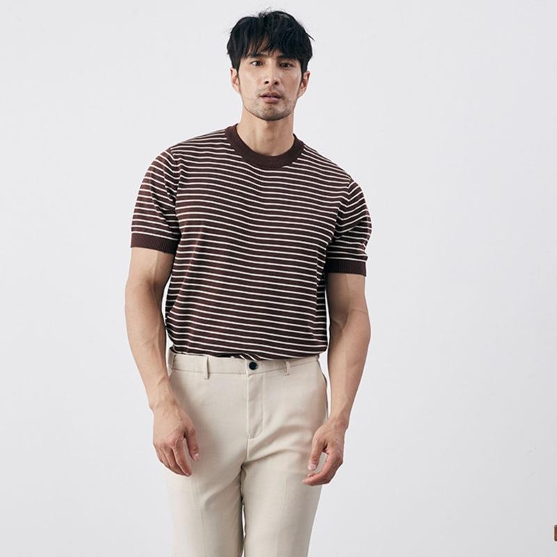 Tシャツ メンズ 男性用 夏ニット トップス ボーダー柄 クルーネック 半袖 接触冷感 防臭 スリムフィット 普段使い リラックス ウェア グリーン ブルー ブラウン