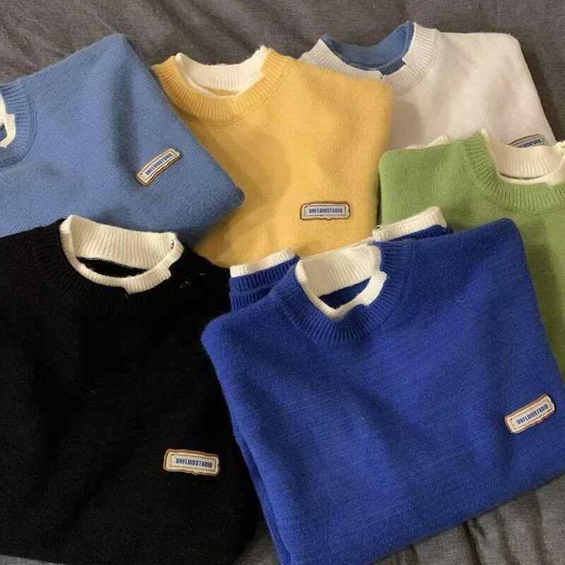 ニット メンズ ニットトップス フェイクレイヤード 配色 長袖 丸首 プルオーバー 秋冬 18-24歳 ポリエステル ゆったり ブラック イエロー ブルー グリーン ベージュ カジュアル