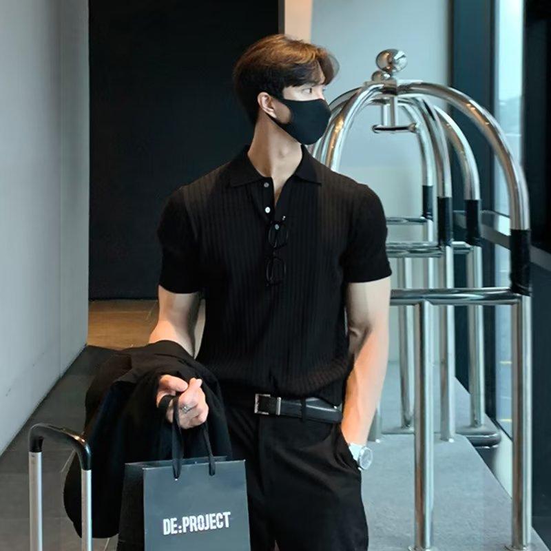 ポロシャツ メンズ 半袖 ニット スリムフィット ストライプ柄 レトロ 韓国 ポリエステル混紡 薄手 接触冷感 普段使い 部屋着 カフェ色 黒 緑