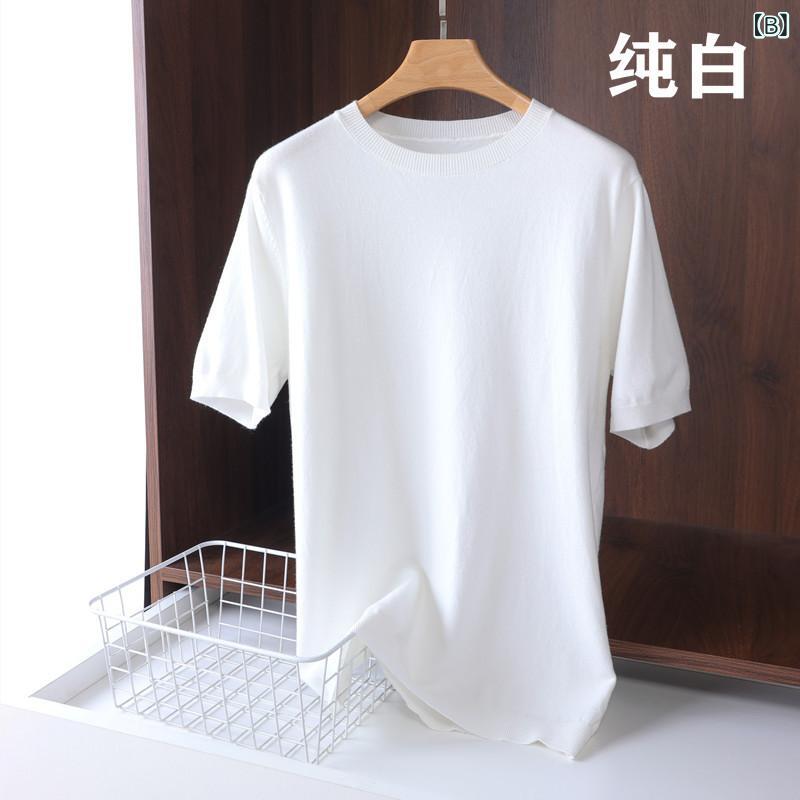 ニット メンズ 半袖 Tシャツ 春夏 薄手 クルーネック ポリエステル 無地 カットソ...