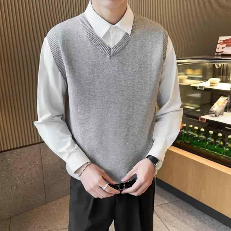 ニット メンズ ニットベスト Vネック プルオーバー 厚手 カットソー トップス 男性用 コットン混紡 伸縮性 あったかインナー 秋冬 ブラック グレー ブラウン