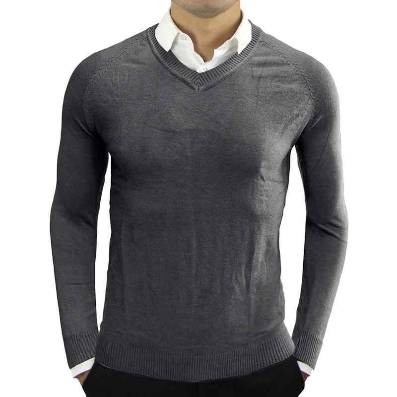 V-Neck - ニット メンズ Vネック セーター 長袖 コットン混紡 トップス リブ裾 スリム 普段使い 春秋物 ダークグレー キャメル 猫目グリーン インディゴ シルバーグレー