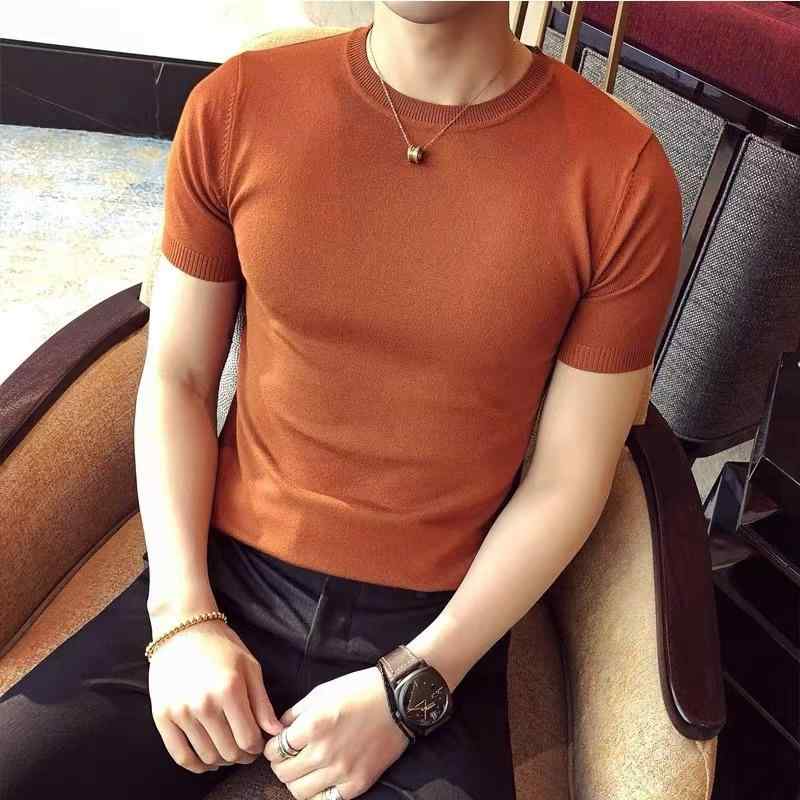 ニット メンズ 半袖 トップス 春夏 スリム 無地 クルーネック カットソー Tシャツ 接触冷感・スタイル: 流行・柄: 格子・タイプ: 修身型・対象: 青少年.成人.男性・ネックライン: ラウンドネック・袖丈: 半袖・フード: なし・厚さ: 厚手・素材: 牛乳蛋白繊維.綿・主素材の含有量: 51～70%・利用場面: 日常・プリントテーマ: -・袖のタイプ: 通常・色: ホワイト.ブラック.グリーン.キャメル・サイズ: M.L.XL.2XL.3XL・重量: 約 400g以上・カテゴリ: Tシャツ