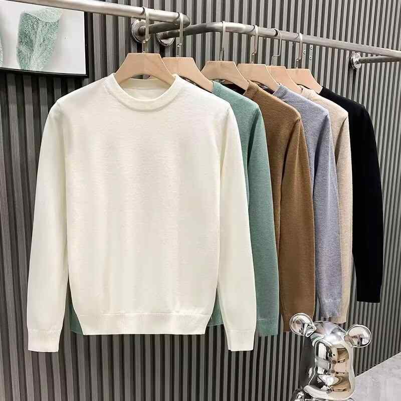 Crew Neck - ニット メンズ 無地 クルーネック セーター 秋冬 リブ 裾 ポリエステル 混紡 ゆったり 体型カバー 黒 緑 杏色 コーヒー色 グレー 白 青 アーミーグリーン 赤