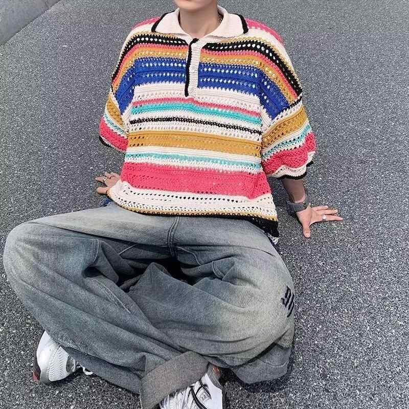 ニット メンズ 配色 切り替え 半袖 カーディガン レトロ ストライプ柄 夏ニット ポリエステル 普段使い 薄手