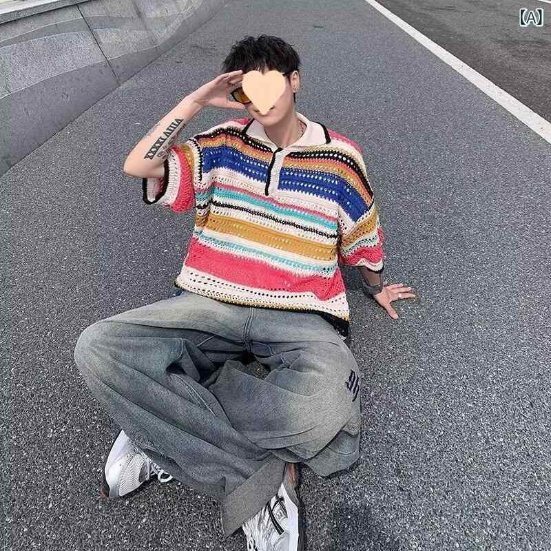 ニット メンズ 配色 切り替え 半袖 カーディガン レトロ ストライプ柄 夏ニット ポリエステル 普段使い 薄手