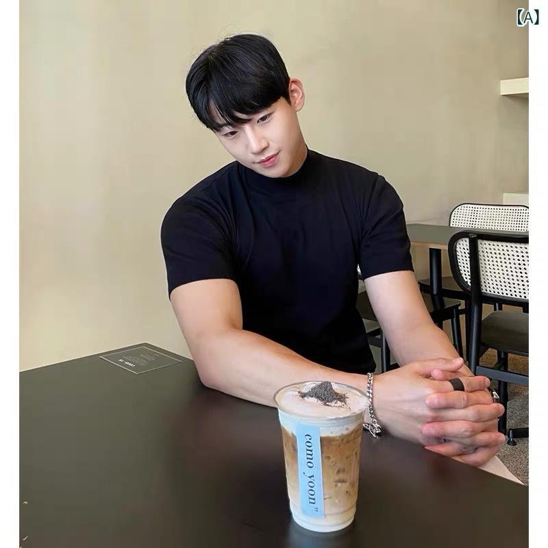 Tシャツ メンズ 薄手 ハイネック ニット トップス 接触冷感 ポリエステル混紡 無地 半袖 インナー レイヤードスタイル カットソー 普段使い 部屋着 黒 白