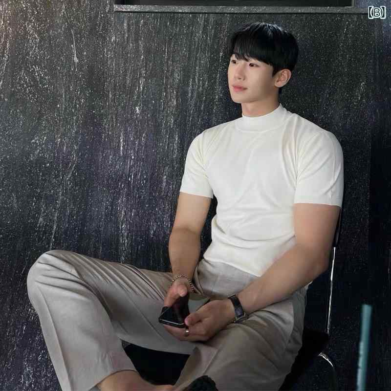 Tシャツ メンズ 薄手 ハイネック ニット トップス 接触冷感 ポリエステル混紡 無地 半袖 インナー レイヤードスタイル カットソー 普段使い 部屋着 黒 白