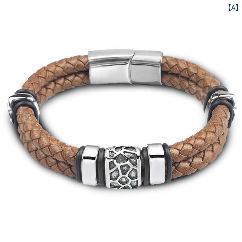 ブレスレット メンズ 男性用 レザー 革 ステンレス スチール レトロ アンティーク風 ブラウン系 普段使い(x3)