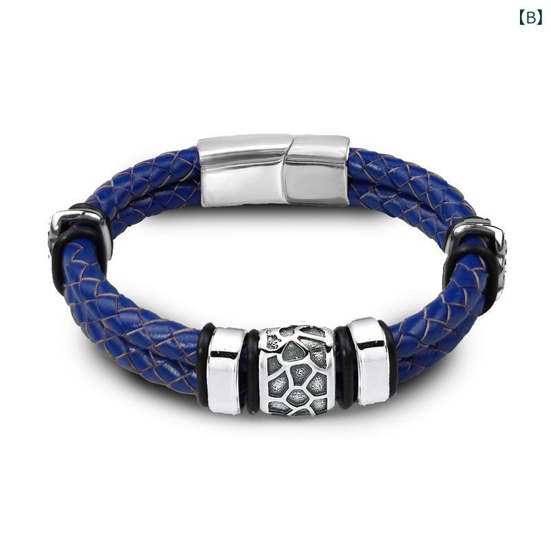 ブレスレット メンズ 男性用 レザー 革 ステンレス スチール レトロ アンティーク風 ブラウン系 普段使い(x3)