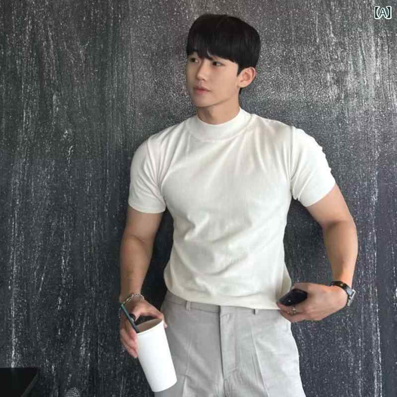 Tシャツ メンズ シルケットコットン 接触冷感 半袖 カットソー ハイネック 薄手 ニット トップス 春夏 カジュアル スタイル