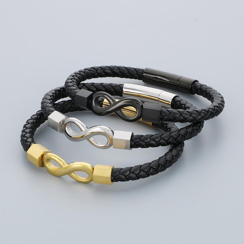 ブレスレット メンズ 男性用 幾何学模様 編み込み レザー チタン鋼 マグネット留め具 パンク ロック スタイル アクセサリー