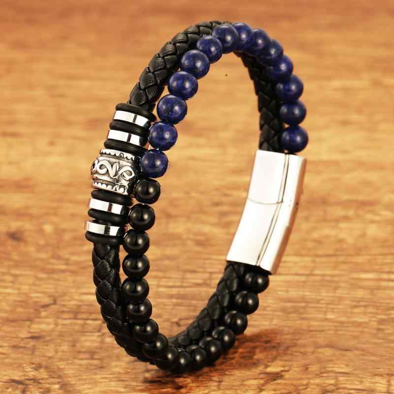 楽天LINEAR shopブレスレット メンズ 男性用 レトロ パンク 編み込み ステンレス ターコイズ 石 メノウ ラピスラズリ 革 レザー 黒 ブラック & ブルー ビーズ 19cm 21cm 23cm