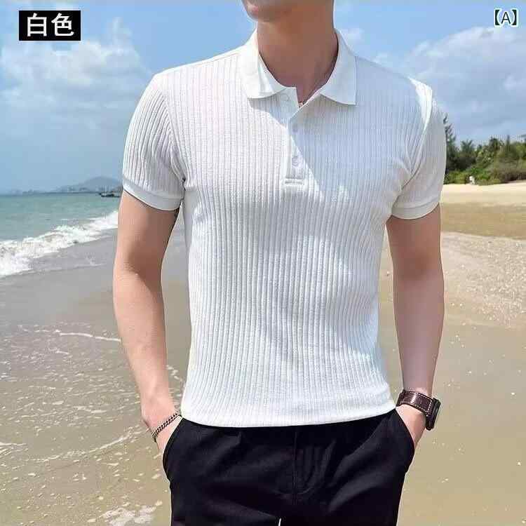 ポロシャツ メンズ 鹿の子編み リブ編み ストライプ柄 半袖 Tシャツ トップス カットソー 春夏 カジュアル スポーティー 白 黒 緑 グレー ブラウン ポリエステル