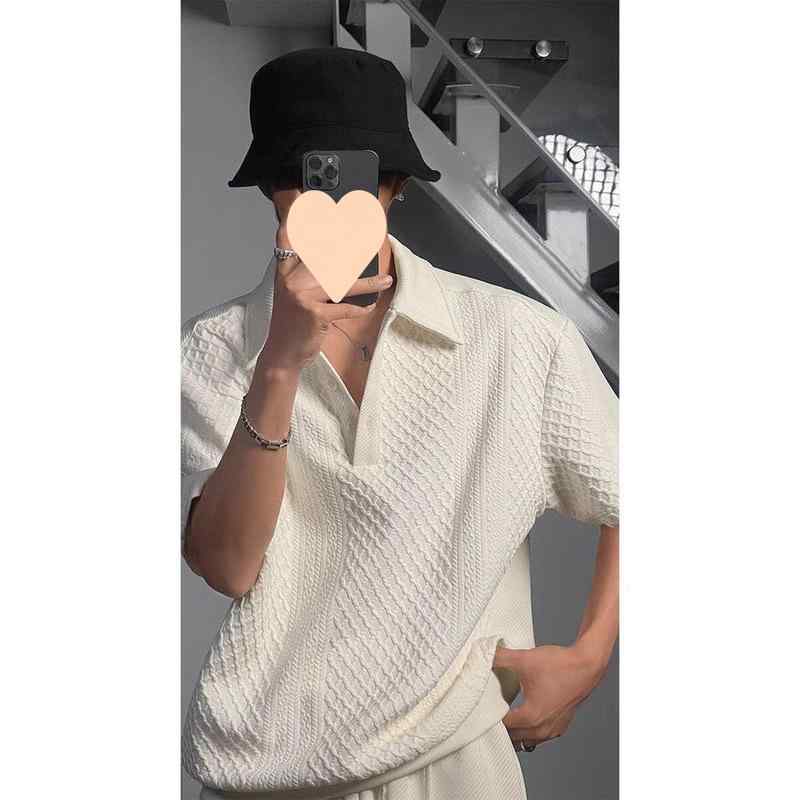 ポロシャツ メンズ アメリカンレトロ ワッフル 半袖 ルーズ 襟付き ニット プルオーバー ジャカード 菱..