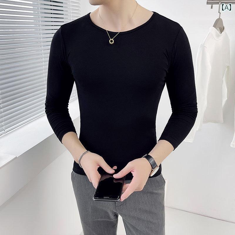 Tシャツ メンズ 春秋 薄手 無地 大きいサイズ スリムフィット 長袖 ニット トップス カットソー ポリエステル ブラック ホワイト グレー オレンジ ピンク