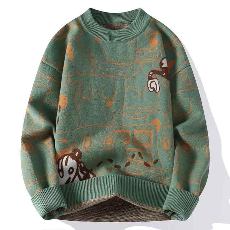 Knit Sweater - ニット メンズ 秋冬 厚手 ニットトップス 長袖 防寒 暖か クルーネック プルオーバー ケーブル編み カジュアル トップス ティーン 学生 おしゃれ