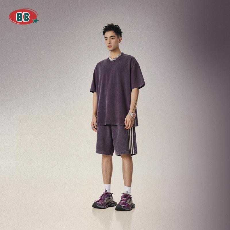 Cotton Pants - ハーフパンツ メンズ 男性用 コットン 洗い加工 リラックス ストレート サイドライン 5分丈 膝上 黒 ブラック グレー 赤 レッド 紫 パープル 青 ブルー カーキ 普段使い 部屋着(x2)