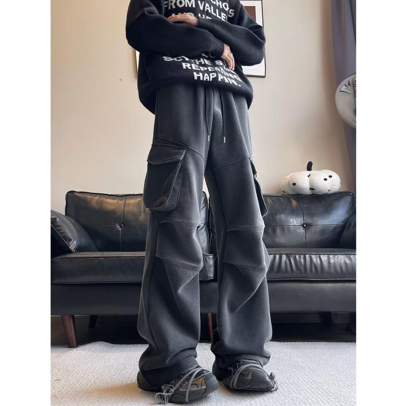 ジーンズ メンズ レディース カーゴパンツ ストレート ワークパンツ ワイドレッグ 黒グレー 春秋 中厚手 コットン混紡 普段使い 部屋着