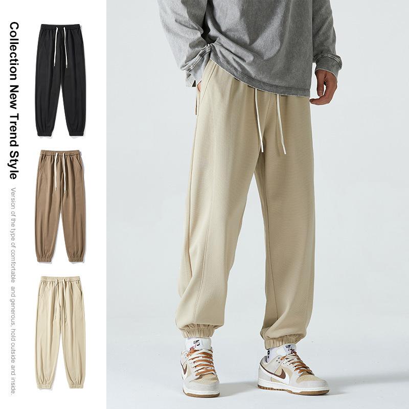 メンズ 休闲裤 春秋 针织 束脚 宽松 运动裤 中腰 长裤 聚酯纤维 混纺 卡其色 黒 菠萝格 微弹 透气 日常着(4)
