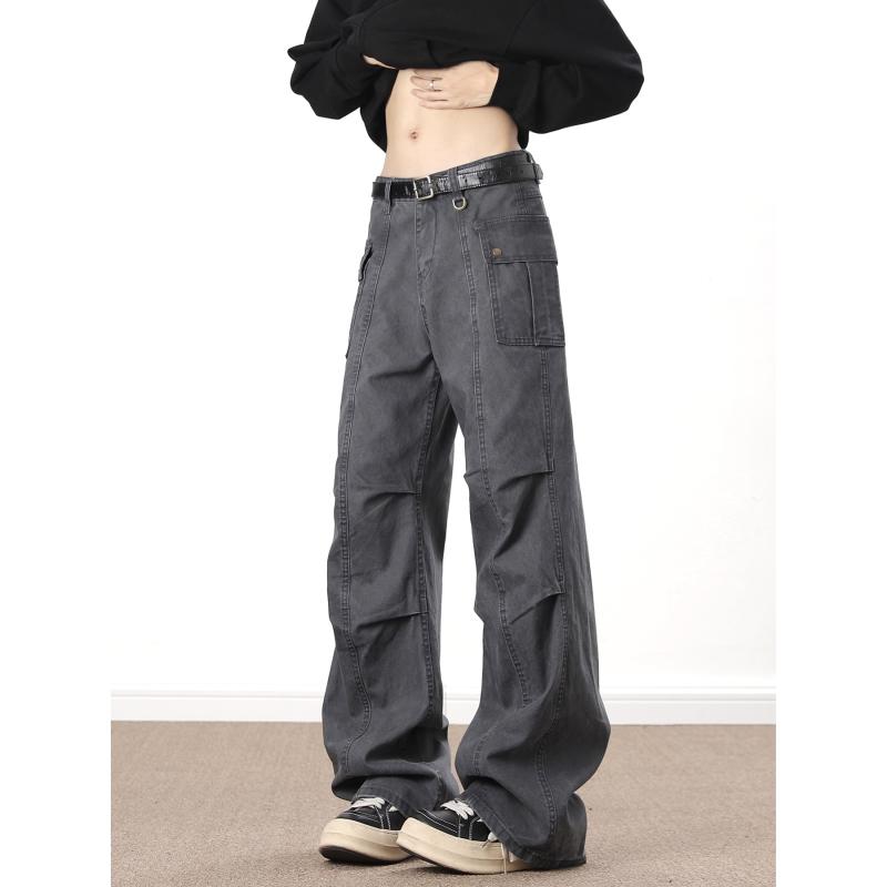 Cargo Pants - カーゴパンツ メンズ ウォッシュド加工 ワークパンツ ゆったり ストレートパンツ カジュアルパンツ イージーパンツ 無地 秋冬 ポリエステル 深グレー 杏色