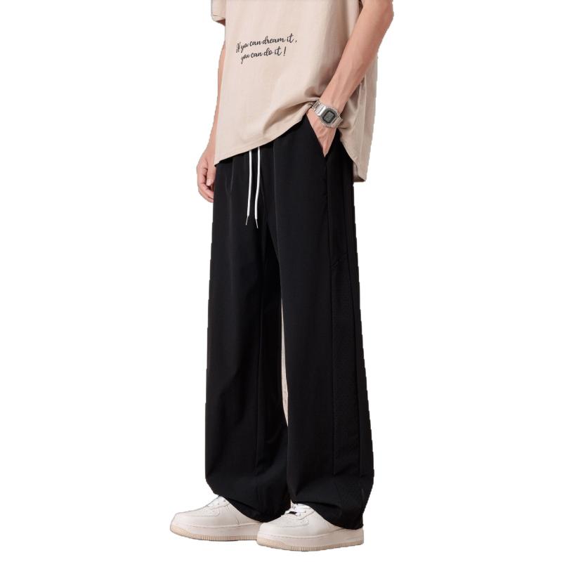 Cargo Pants - メンズ ワークパンツ 夏用 ワイドレッグ ドローストリング 接触冷感 薄手 ストレートパンツ カーゴパンツ 無地 ブラック カーキ グレー ポリエステル