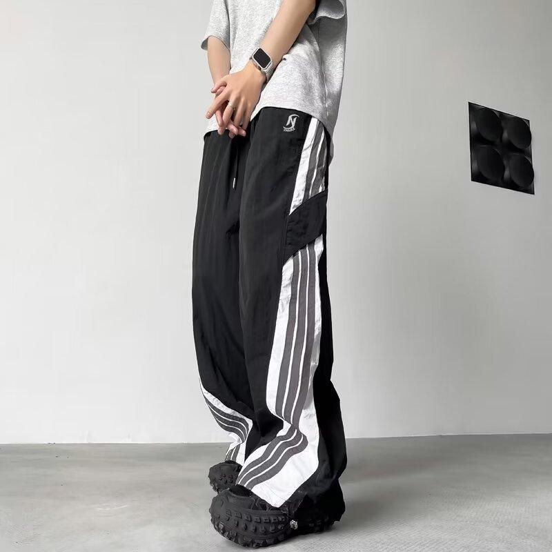 パンツ メンズ レディース パラシュートパンツ ストライプ柄 ルーズ ワイドレッグ ストレートパンツ スポーツ ダンス ズボン 春夏 グレー ブラック