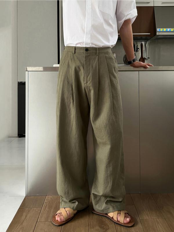 Cargo Pants - パンツ メンズ 亜麻 リネン カジュアルパンツ カーゴパンツ ルーズ ワイド ストレートパンツ アーミーグリーン