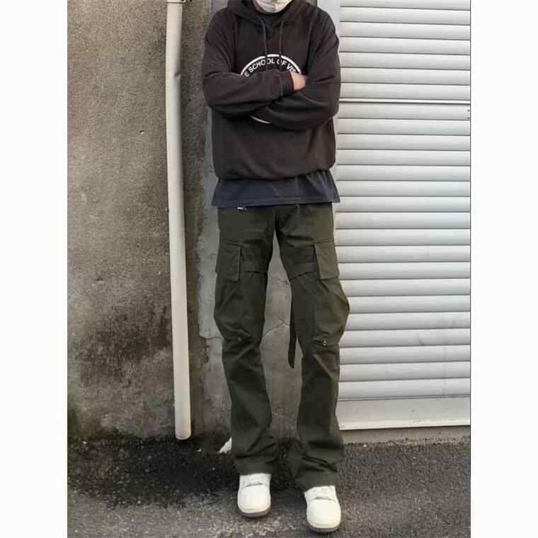 Pants - カジュアルパンツ メンズ ゆったり ストレートパンツ 韓国 高腰 ロングパンツ ズボン 春夏秋冬 ポリエステル混紡 伸縮性 ブラック グリーン