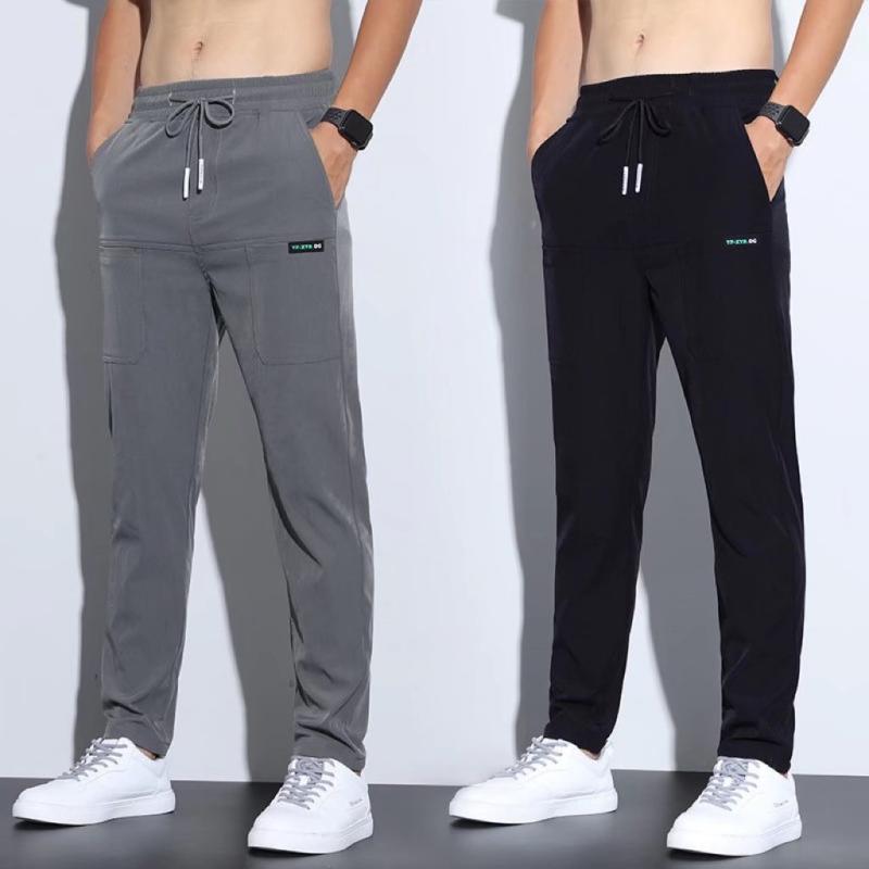 Pants - カジュアルパンツ メンズ 薄手 ストレートパンツ リラックスフィット ポリエステル混紡 無地 普段使い 部屋着 ブラック グレー